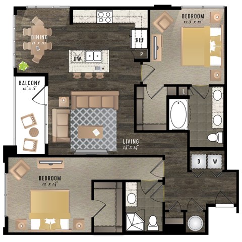 Floor plan for 2 beds, 2 baths, 1210 sqft